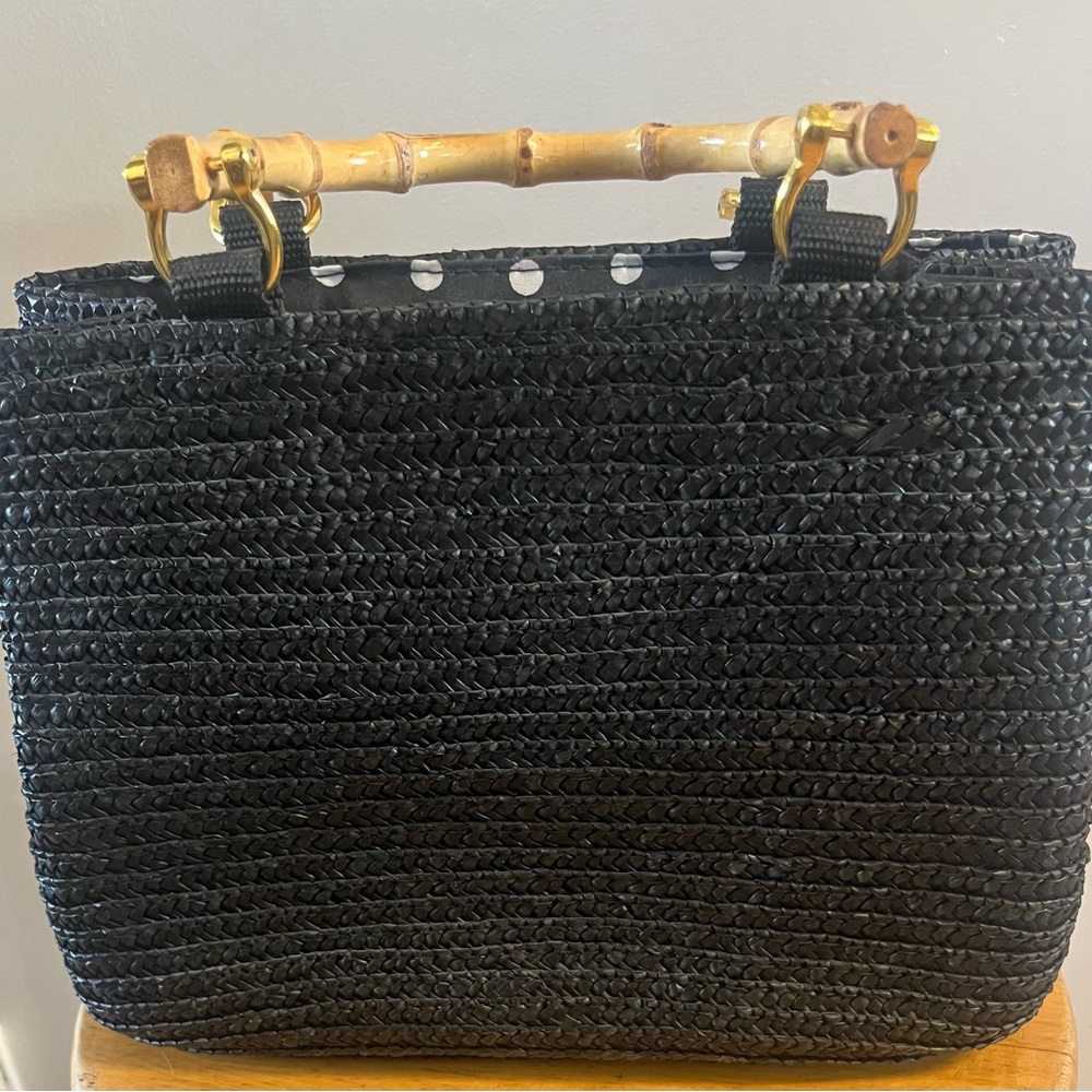 Elegant Black and Tan Woven Tote with Bamboo Handles - Picture 2 of 6